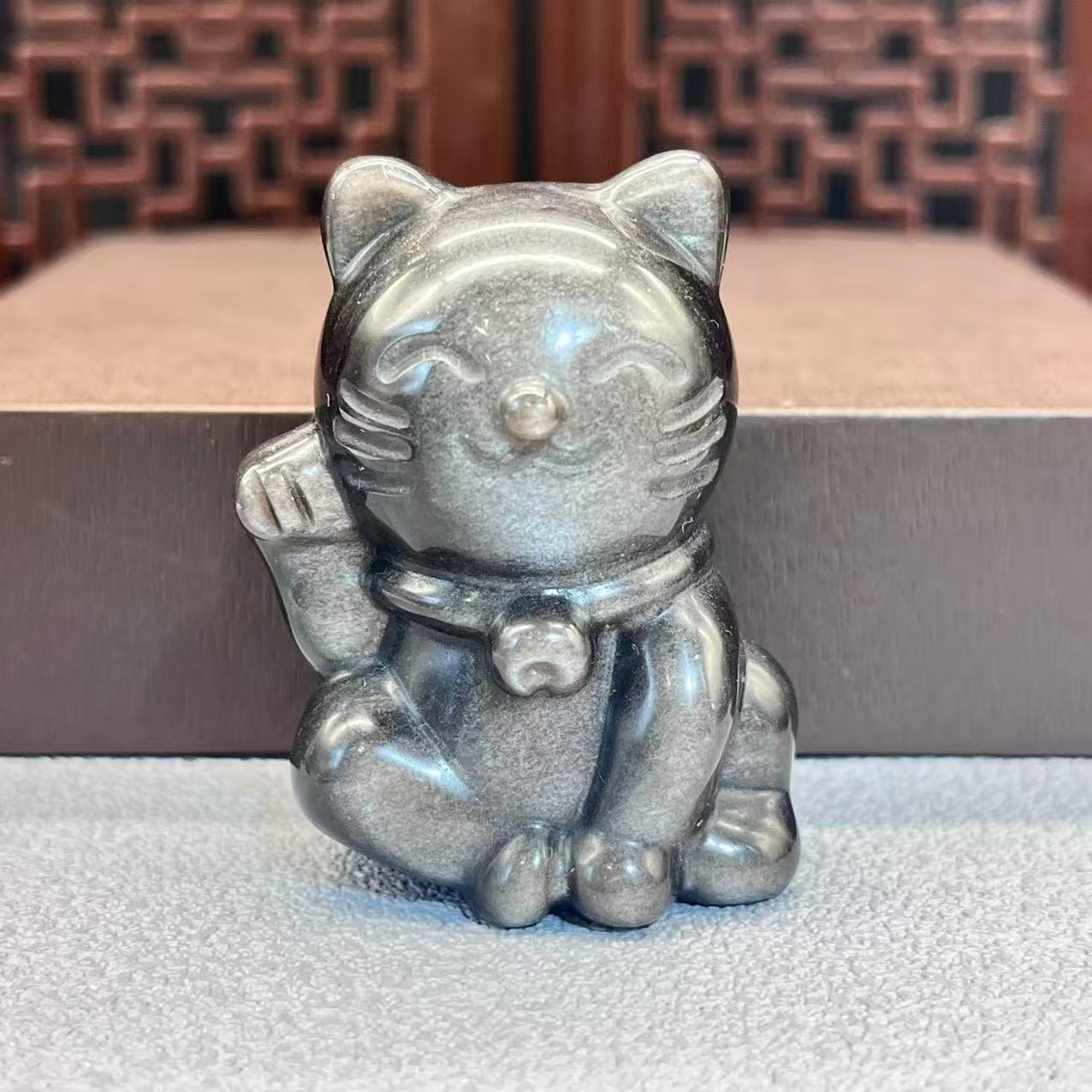 Natural obsidian fortune cat