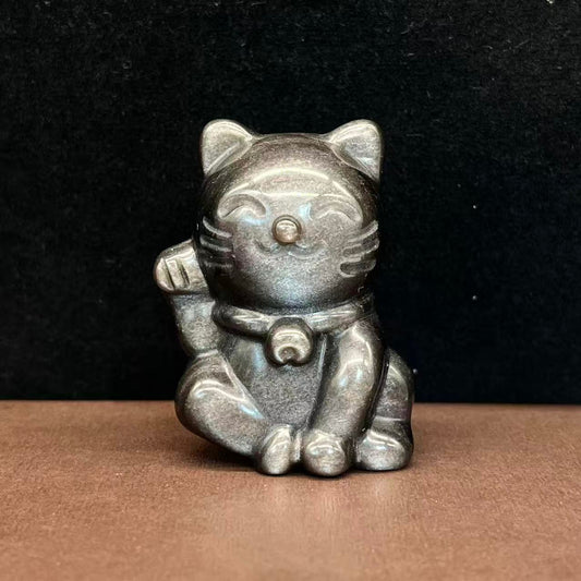 Natural obsidian fortune cat